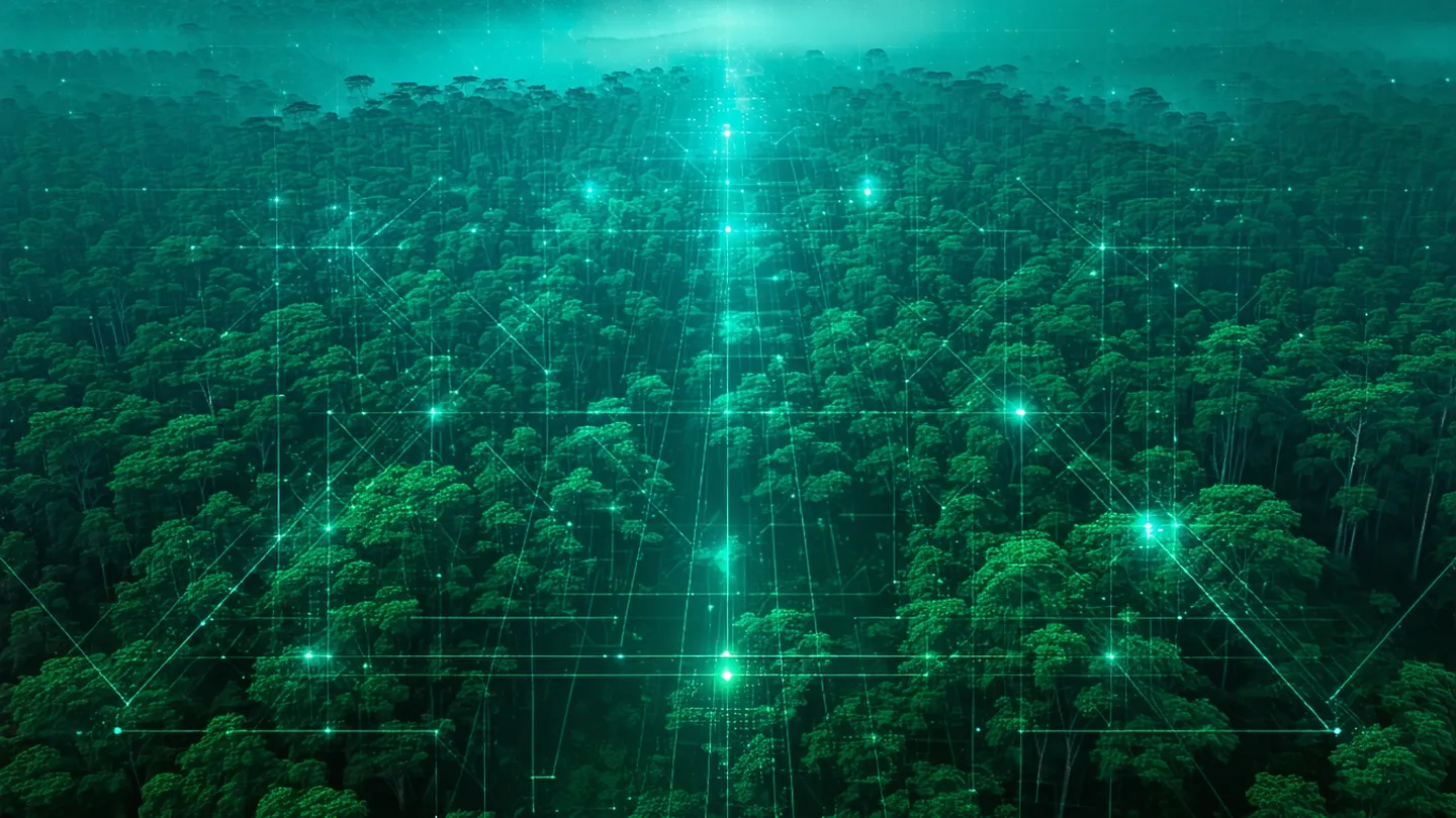 Aerial satellite view of dense tropical forest canopy with translucent blue data measurement grid overlaid, suggesting remote sensing and carbon verification