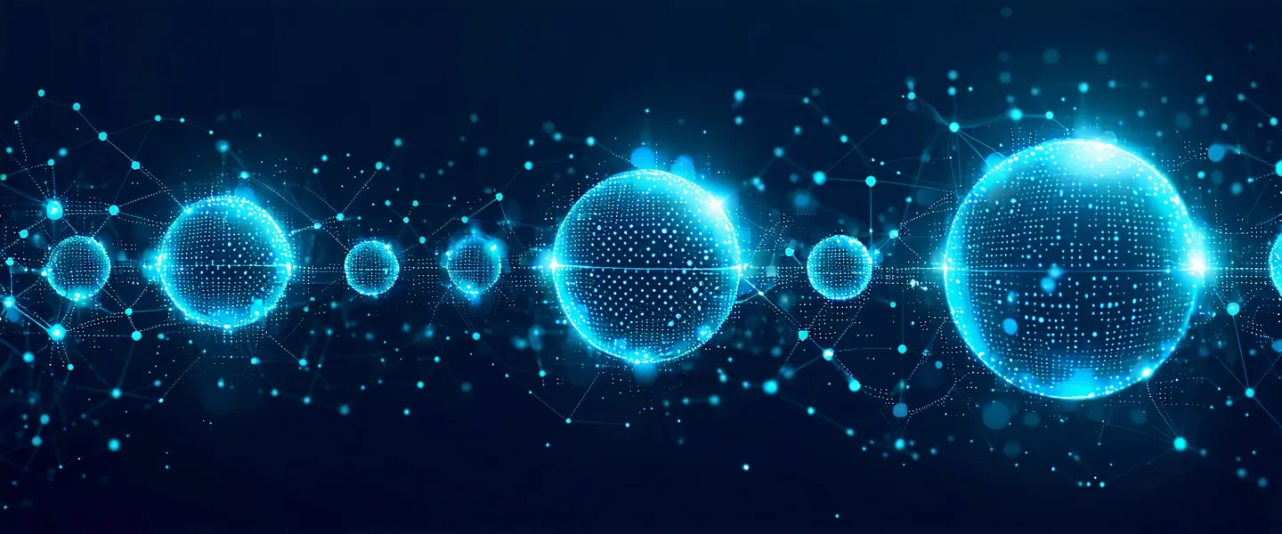 Abstract representation of a data verification chain — interconnected nodes in dark space with flowing data pathways in teal and white
