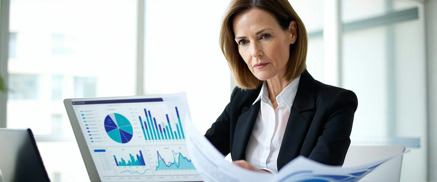 Corporate sustainability officer reviewing carbon verification documents at a desk with multiple data screens
