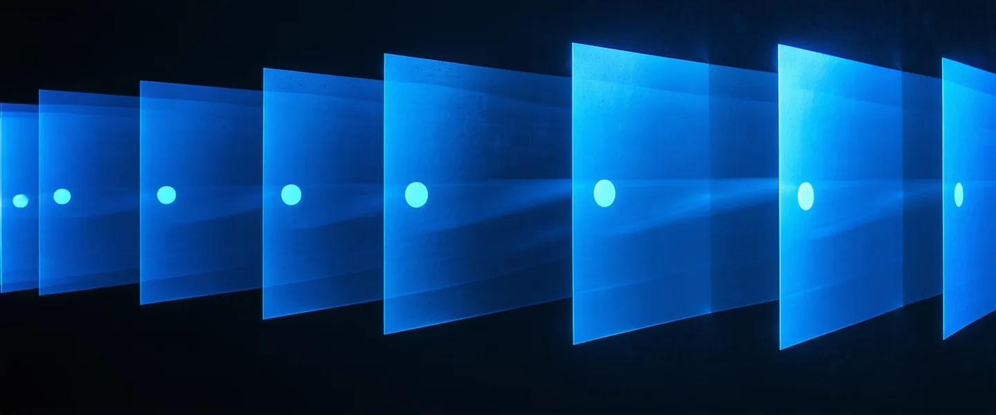 Abstract audit-trail visualization — stacked document layers with luminous verification stamps glowing in dark field